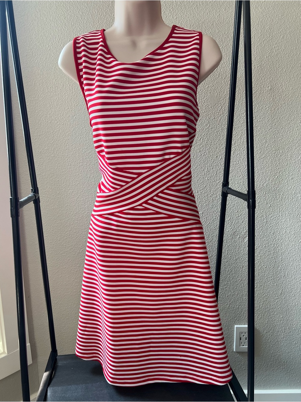 Sleeveless Red and White Striped Mini Dress with Twist Waist